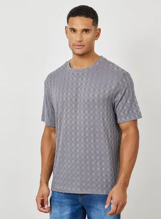 Premium Check Pattern Textured Knit Relaxed Fit T-Shirt