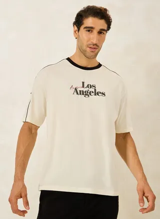 Compact Jersey Piping Shoulder Detail Oversized T-Shirt with Chest Print