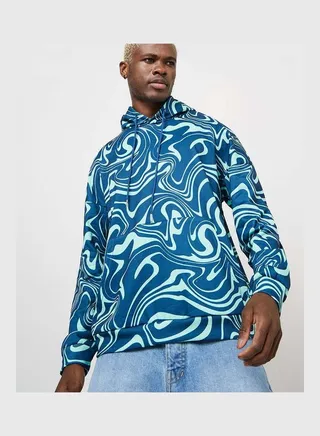 Regular Length Marbled Print Relaxed Fit Hoodie
