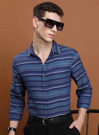 Striped Chest Pocket Slim Fit Shirt with Long Sleeves