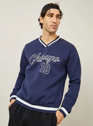 Graphic Print V Neck Ribbed Varsity Sweatshirt
