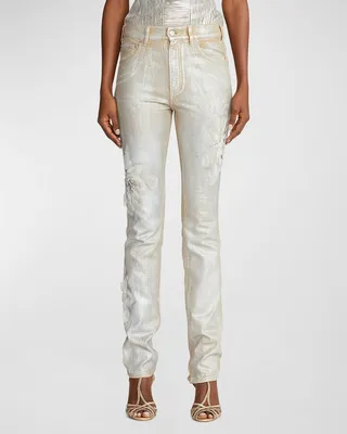 160 Skinny-Leg Floral Embellished Metallic Denim Jeans
