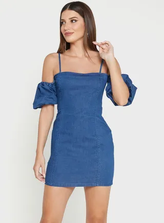 Strappy Puff Sleeve Bodycon Dress