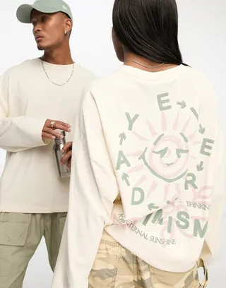 ASOS DESIGN unisex oversized long sleeve t-shirt with large back print in unbleached cotton