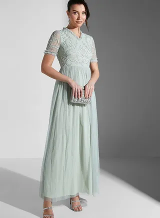 Embellished Bodice Ruffle Detail Maxi Dress