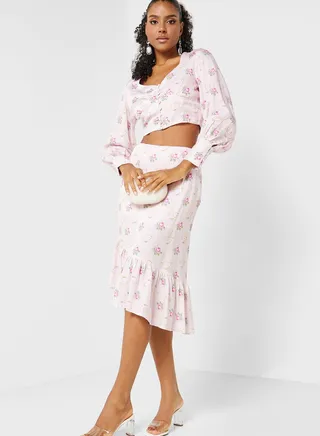 Puff Sleeves Crop Top & Skirt Set