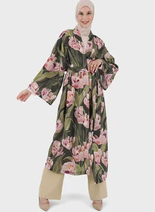 Floral Printed Flute Sleeve Tie Detail Kimono
