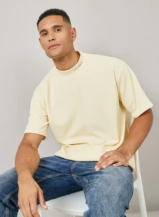 Premium Oversized Minimal Embroidery High Neck Waffle Knit T-Shirt