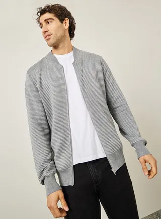 Ribbed Zip Through Relaxed Fit Cardigan