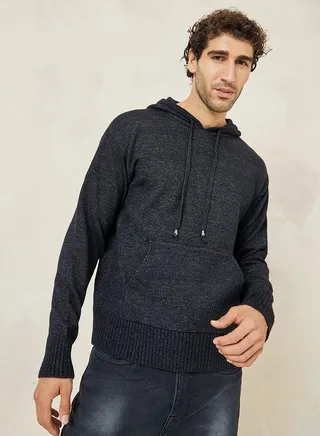 Hooded Melange Knit Drop Shoulder Sweater