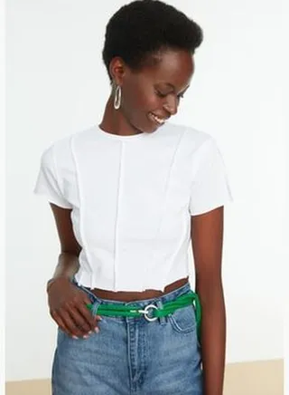 White 100% Cotton Rib Detailed Fitted/Slip-On Crewneck Knitted Blouse TWOSS21BZ2050