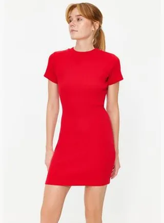 Red Fitted Short Sleeve Crew Neck Mini Ribbed Stretchy Knitted Dress TWOSS22EL2822