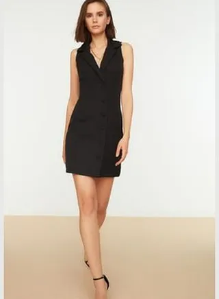 Black Mini Woven Sleeveless Jacket Dress TWOSS19AP0280