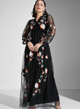 Embroidered Wrap Front Maxi Dress