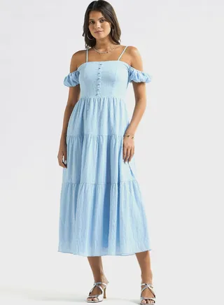 Textured Midi A-Line Cold Shoulder Dress