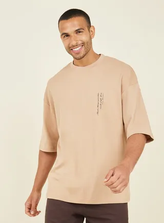 Minimal Slogan Print Mock Neck Interlock Boxy Fit T-Shirt