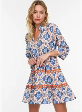 Ethnic Patterned Mini Woven Stripe Accessoried 100% Cotton Dress TBESS22EL0765