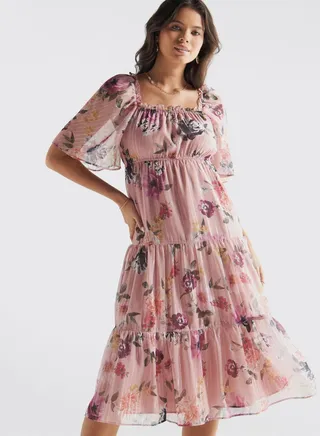 Floral Print Flutter Sleeve Tiered Dress
