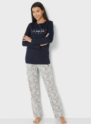 Crew Neck Graphic T-Shirt And Pyjamas Set