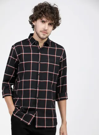 Windowpane Checked Chest Pocket Slim Fit Shirt