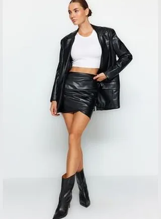 Black Rayon Faux Leather Draped High Waist Fitted Mini Skirt in Knitting TWOAW24ET00156
