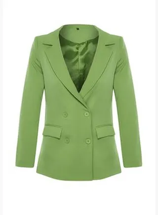 Green Regular Lined Double Breasted Closure Woven Blazer Jacket