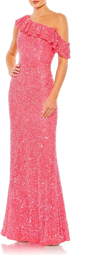 One-Shoulder Sequin Trumpet Gown