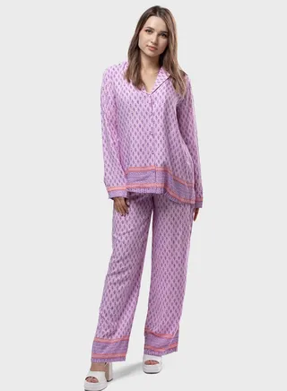 Button Down Patterned Shirt & Pants Set