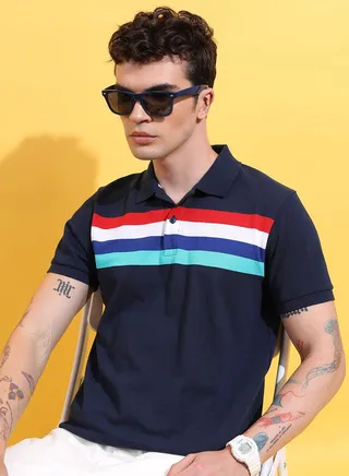 Striped Panel Slim Fit Polo