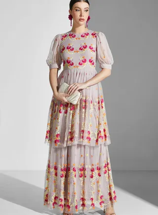 Floral Mesh Detail Ruffle Dress