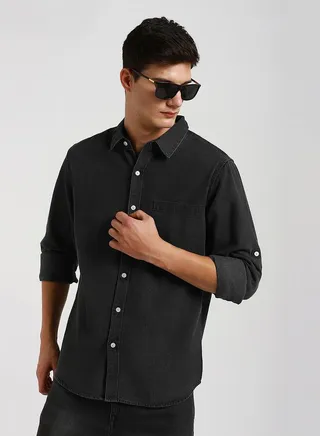 Chest Pocket Denim Slim Fit Shirt with Roll Up Sleeves