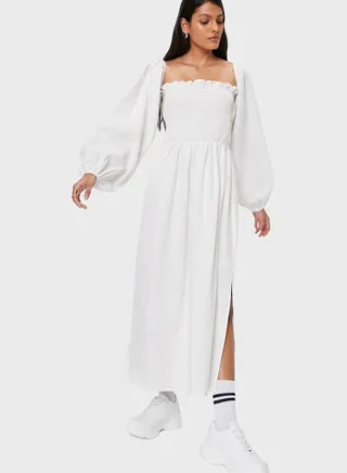 Balloon Sleeve Shirred Side Split Dress