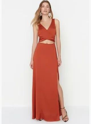 Long Evening Dress With Copper Belt Opening at the Waist/Skater Window/Cut Out Detail TPRSS22AE0027