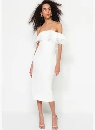 Ecru Fitted with Lined Woven Ruffles Bridal Evening Dress TPRSS23EL00374.