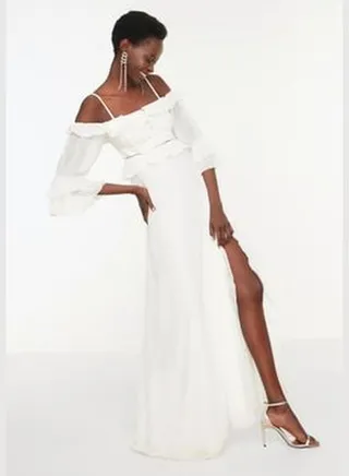 Ecru Sleeve Detailed Flounce Chiffon Wedding/Wedding Long Evening Dress TPRSS19FZ0278