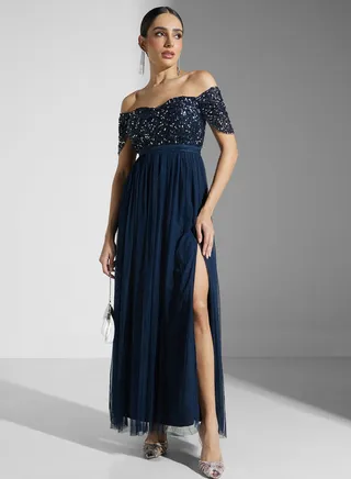Embellished Sweetheart Neck  Bardot Dress