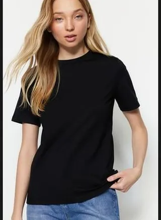 Black 100% Cotton Basic Crew Neck Knitted T-Shirt TWOSS23TS00000