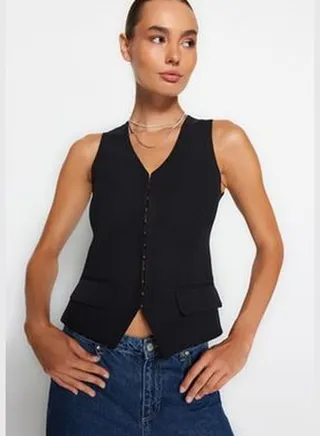 Black Fitted Woven Vest TWOAW24YE00068