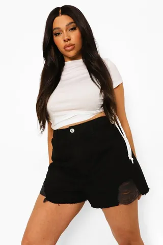 Plus Laddered High Waist Denim Mom Short