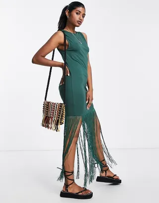 ASOS DESIGN racer front tank midi dress with fringe in forest green