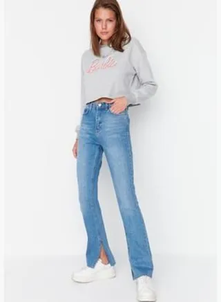 Navy Blue Slit High Waist Flare Jeans TWOAW22JE0382