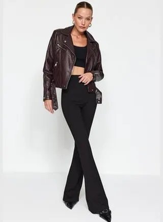 Black Slimming High Waist Flare/Flare-Up Knitted Leg Pants Trousers TWOAW24PL00164