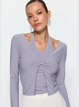 Gray Cut Out Detailed Fitted/Plastic Knitted Blouse TWOAW24BZ00406
