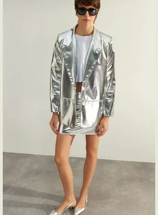 Silver Premium Glossy Woven Blazer Jacket TWOAW24BC00111