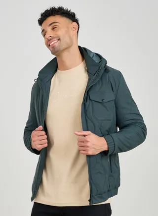 Textured Bomber Hooded Jacket with Flap Pockets
