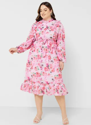Printed Frill Detail Fit & Flare Dress