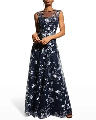 Cap-Sleeve Embroidered Tulle A-Line Gown
