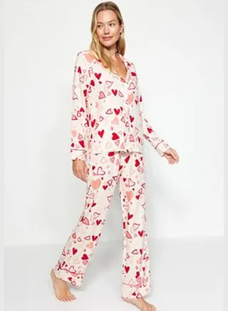 Multicolored Heart Pile Detailed Viscose Shirt-Pants Woven Pajamas Set THMAW24PT00091.
