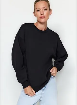 Black Thick Fleece Inside Regular/Regular fit Crew Neck Basic Knitted Sweatshirt TWOAW24SW00101.