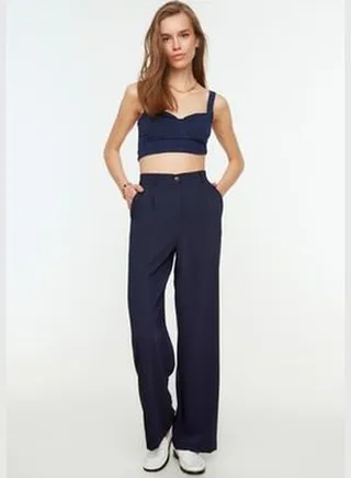 Navy Blue High Waist Wide Leg Wide Leg Striped Woven Pants TWOSS22PL0100